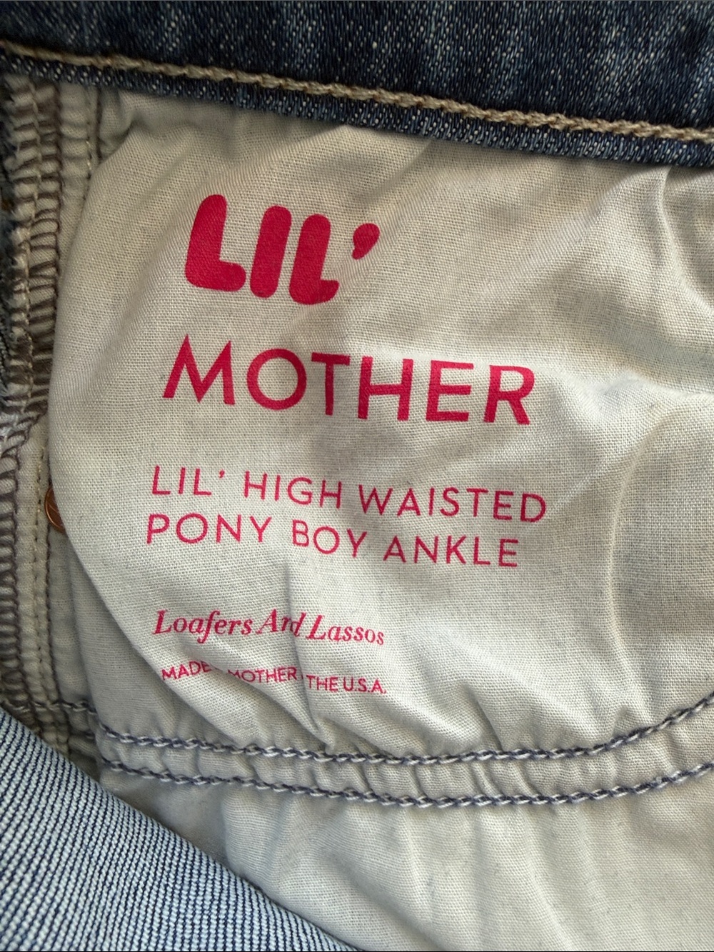 MOTHER Lil' High Waisted Pony Boy Ankle Jeans - Pink Print on Light Denim